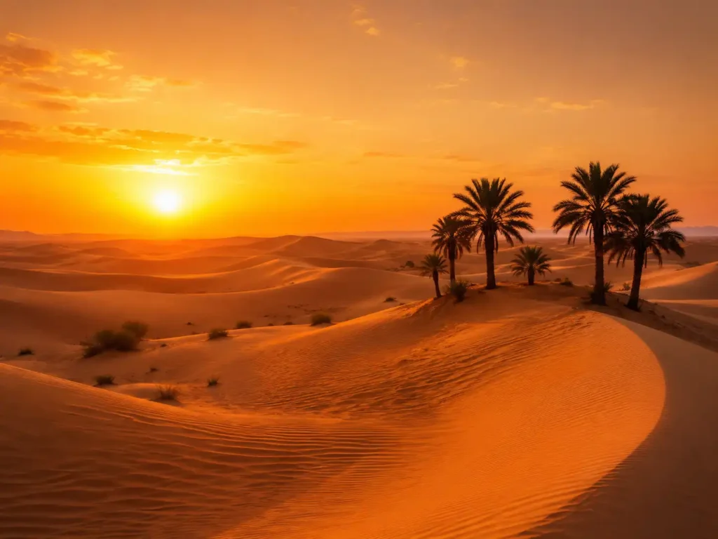 Golden sunset over Dubai desert dunes
